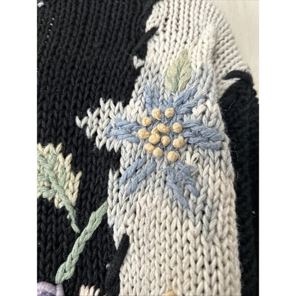 Vintage Maggie Lawrence Cardigan 80s Black Knit Flower Sweater Medium Read - Picture 8 of 16